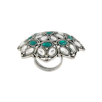 Etnico Ethnic Silver Oxidized Kundan Work Round Adjustable Finger Ring for Women (FL204G)