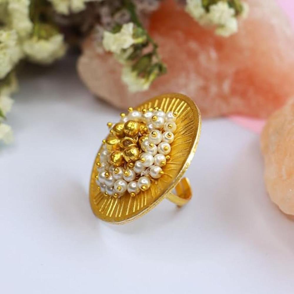 Etnico Gold Plated Ethnic Adjustable Brass Finger Ring Embellished With Ghungroo And Pearl (FL220)
