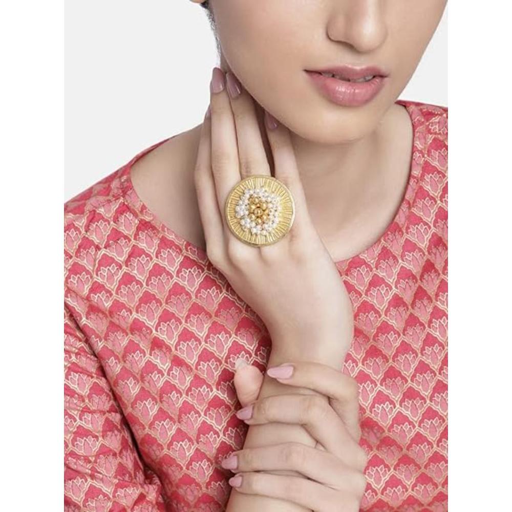 Etnico Gold Plated Ethnic Adjustable Brass Finger Ring Embellished With Ghungroo And Pearl (FL220)