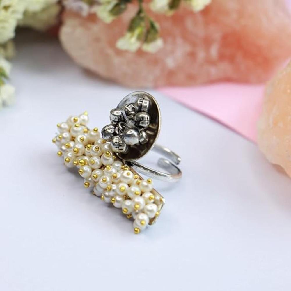 Etnico Silver Oxidised Ethnic Adjustable Brass Finger Ring Embellished With Ghungroo And Pearl (FL224OX)