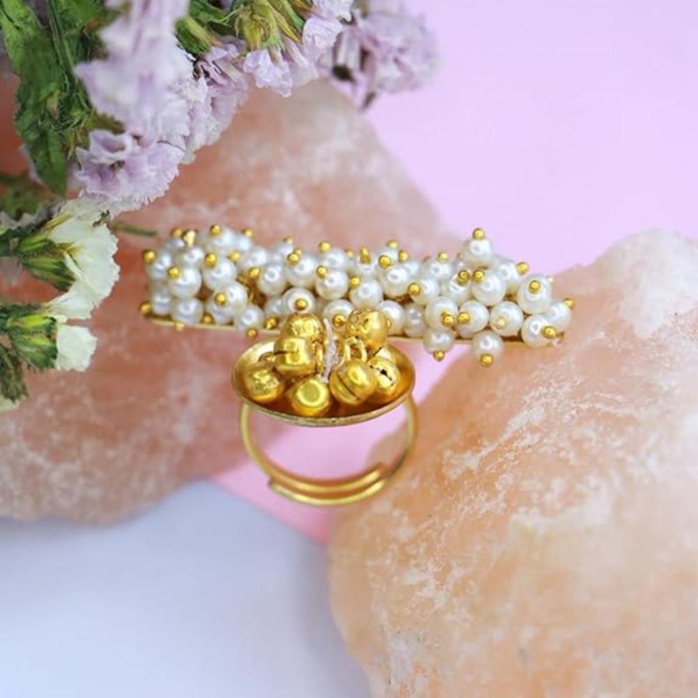 Etnico Gold Plated Ethnic Adjustable Brass Finger Ring Embellished With Ghungroo And Pearl (FL224)