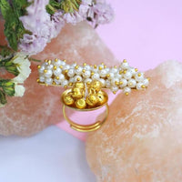 Etnico Gold Plated Ethnic Adjustable Brass Finger Ring Embellished With Ghungroo And Pearl (FL224)