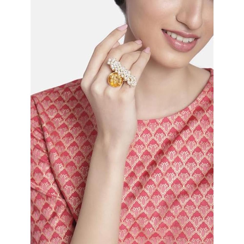 Etnico Gold Plated Ethnic Adjustable Brass Finger Ring Embellished With Ghungroo And Pearl (FL224)