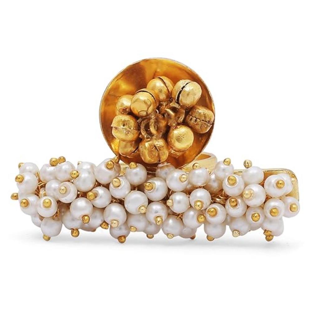 Etnico Gold Plated Ethnic Adjustable Brass Finger Ring Embellished With Ghungroo And Pearl (FL224)