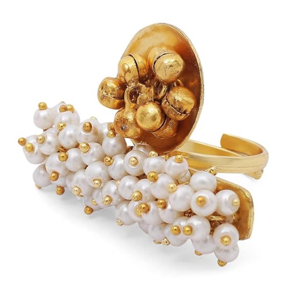 Etnico Gold Plated Ethnic Adjustable Brass Finger Ring Embellished With Ghungroo And Pearl (FL224)
