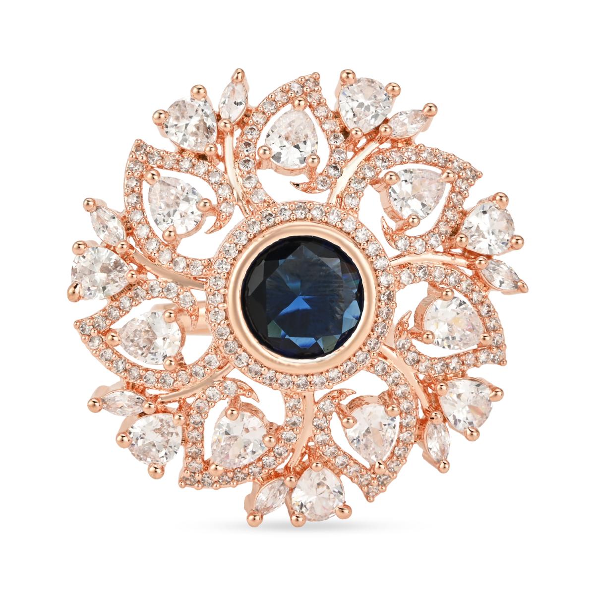 Etnico Rose Gold Plated Special Stylish Latest Fashionable Design Floral CZ American Diamond Adjustable Finger Rings For Women & Girls (FL241) (Blue)