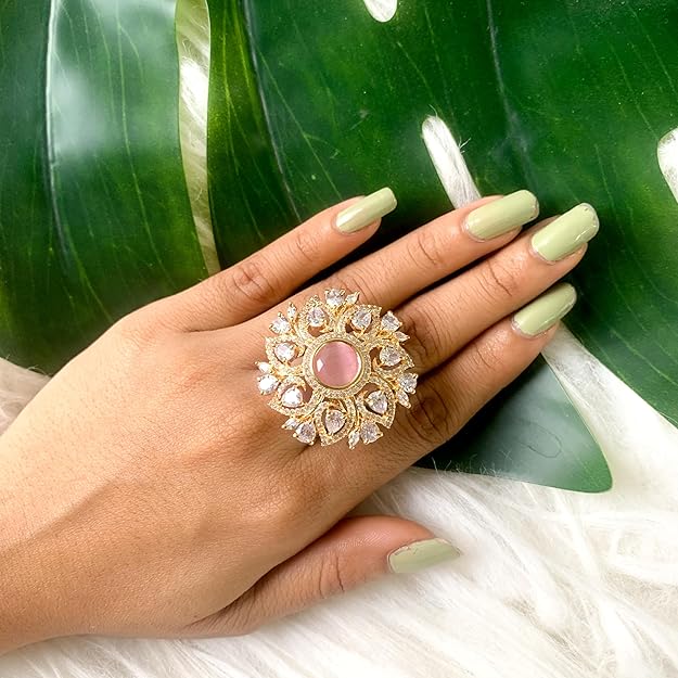 Etnico Rose Gold Plated Special Stylish Latest Fashionable Design Floral CZ American Diamond Adjustable Finger Rings For Women & Girls (FL241) (Pink)
