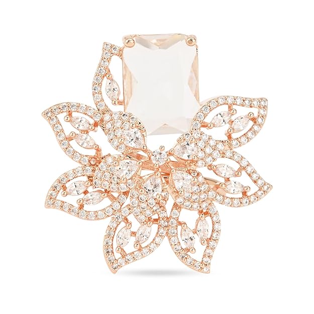 Etnico Rose Gold Plated Special Stylish Latest Fashionable Design Floral CZ American Diamond Adjustable Finger Rings For Women & Girls (FL242W)