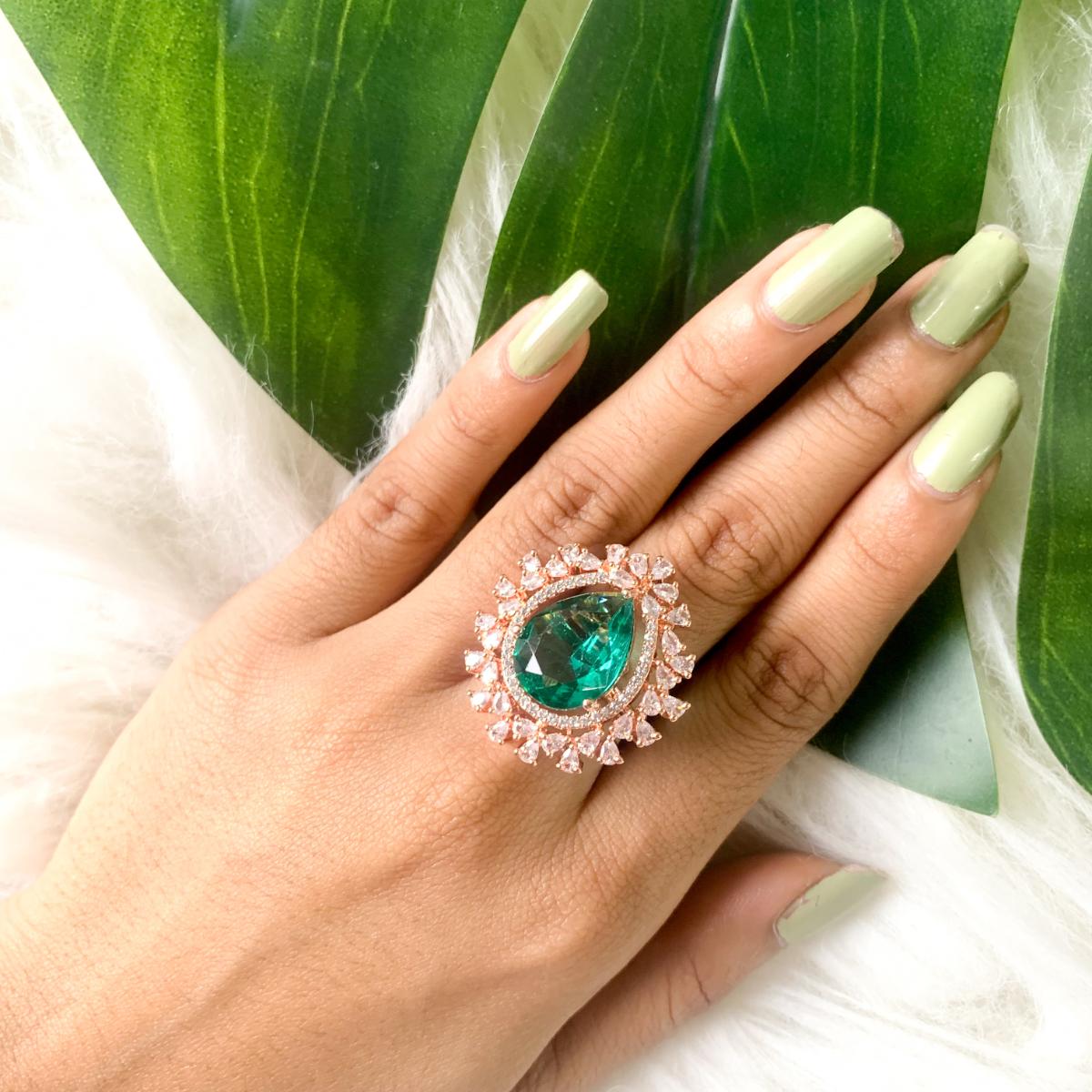 Etnico Rose Gold Plated Classic Teardrop Pear Shaped CZ American Diamonds Adjustable Comfort Fit Big Band Finger Rings For Women (Green)