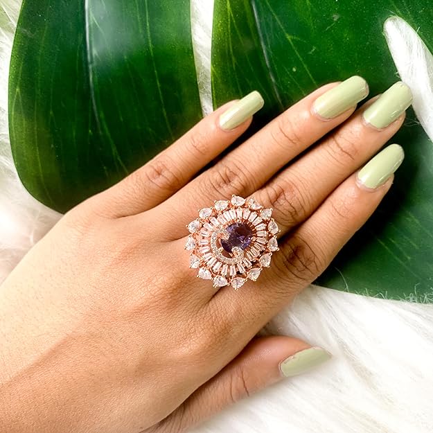 Etnico Womens Rose Gold Plated Special CZ American Diamond Stylish Floral Shape Dazzling Adjustable Brass Finger Ring (Purple)