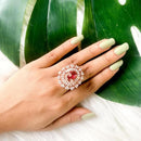 Etnico Rose Gold Plated CZ American Diamond Stylish Floral Shape Dazzling Adjustable Brass Finger Ring (FL246Q)