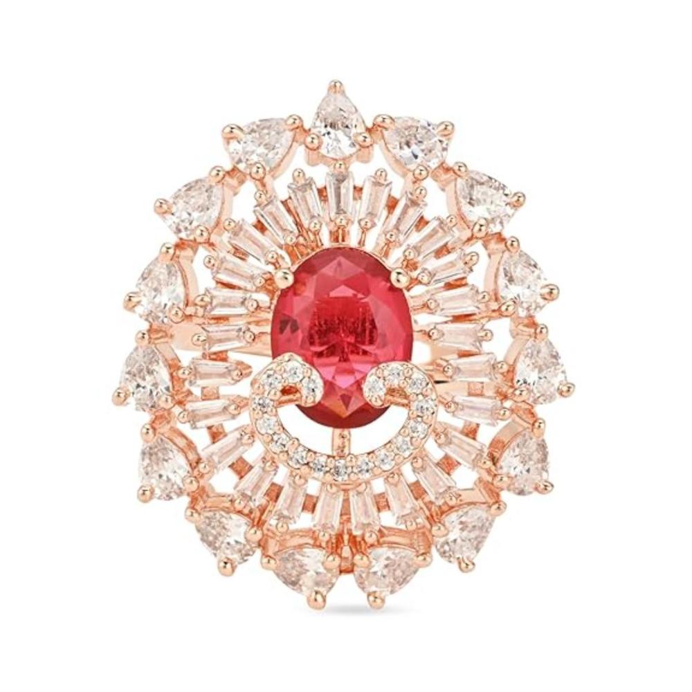 Etnico Rose Gold Plated CZ American Diamond Stylish Floral Shape Dazzling Adjustable Brass Finger Ring (FL246Q)