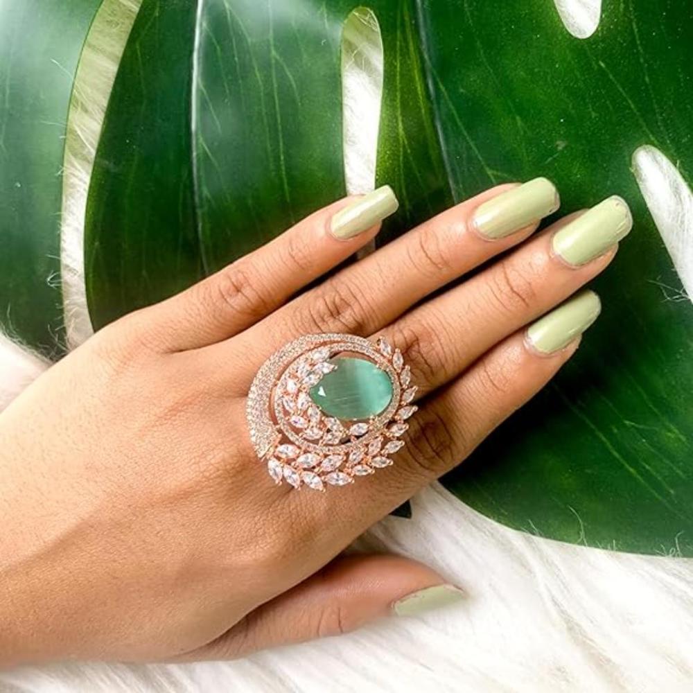 Etnico Rose Gold Plated CZ American Diamond Stylish Floral Shape Dazzling Adjustable Brass Finger Ring (FL247Min)