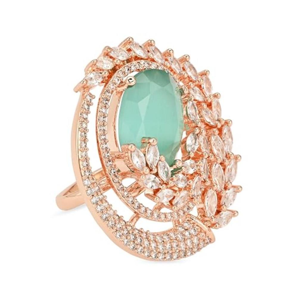 Etnico Rose Gold Plated CZ American Diamond Stylish Floral Shape Dazzling Adjustable Brass Finger Ring (FL247Min)