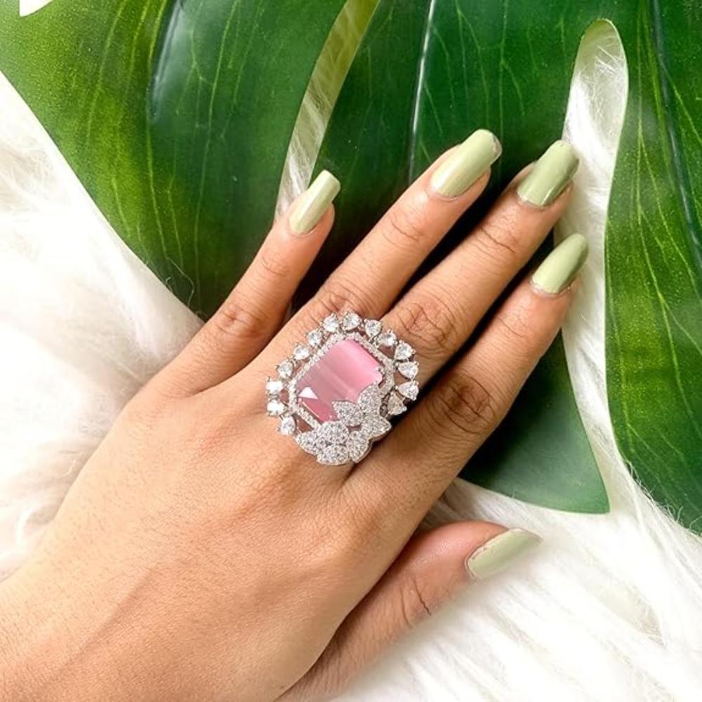 Etnico Silver Plated CZ American Diamond Stylish Floral Shape Dazzling Adjustable Brass Finger Ring (FL248ZPi)