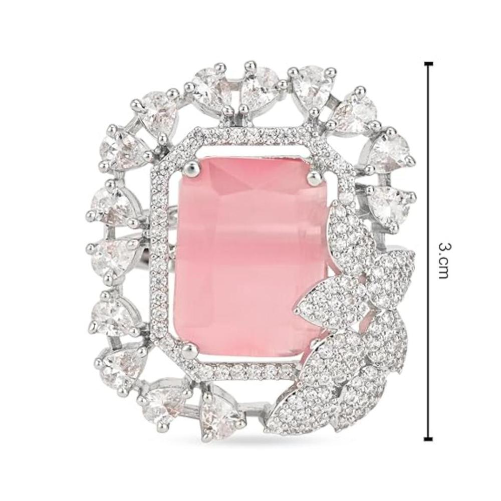 Etnico Silver Plated CZ American Diamond Stylish Floral Shape Dazzling Adjustable Brass Finger Ring (FL248ZPi)