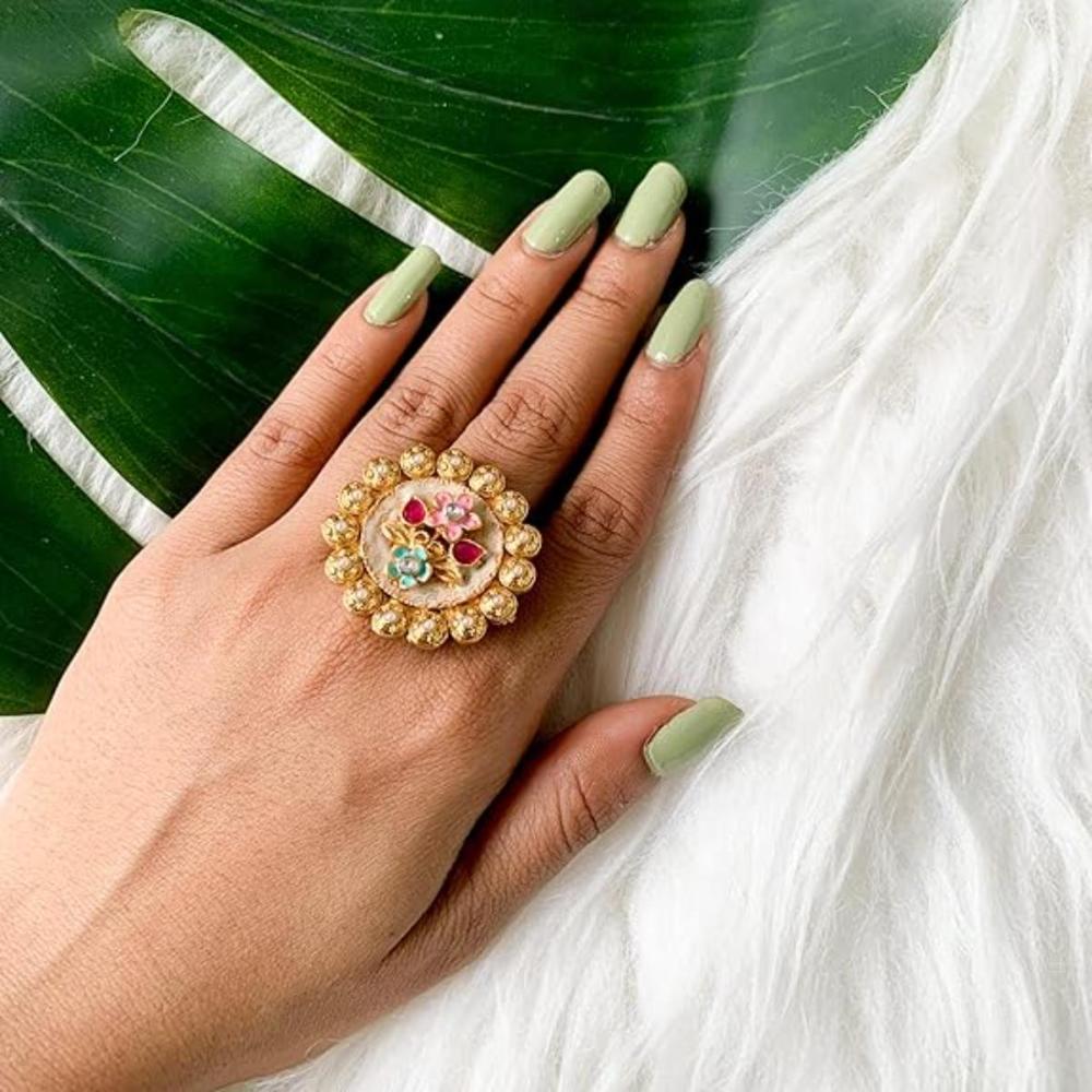 Etnico Gold Plated Traditional Meenakari Floral Design Brass Adjustable Finger Ring For Women (FL253)