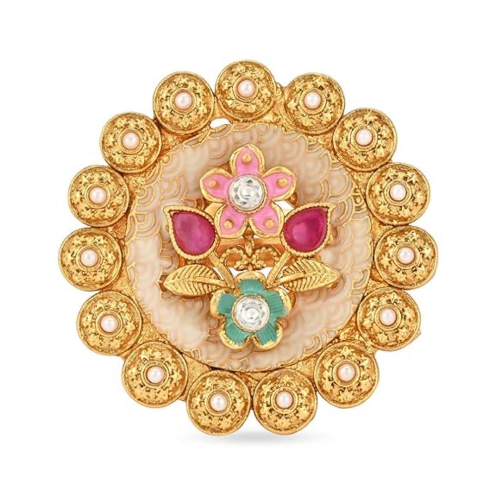 Etnico Gold Plated Traditional Meenakari Floral Design Brass Adjustable Finger Ring For Women (FL253)