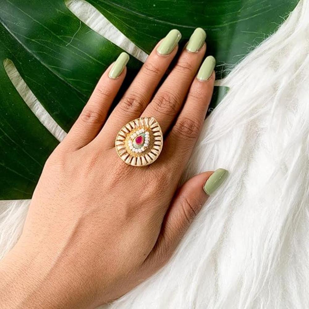 Etnico Gold Plated Traditional Brass Teardrop Pearl Adjustable Finger Ring For Women (FL254)