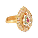 Etnico Gold Plated Traditional Brass Teardrop Pearl Adjustable Finger Ring For Women (FL254)
