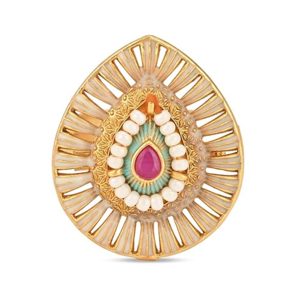 Etnico Gold Plated Traditional Brass Teardrop Pearl Adjustable Finger Ring For Women (FL254)
