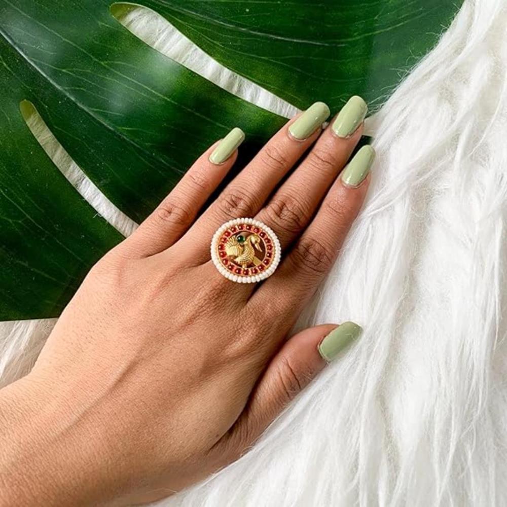 Etnico Gold Plated Traditional Brass Peacock Design Pearl Border Adjustable Finger Ring For Women (FL255)