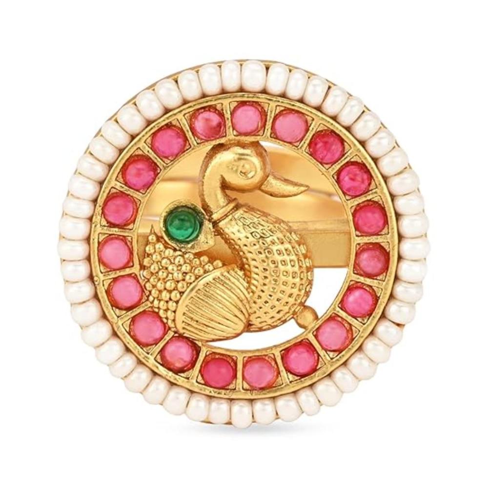 Etnico Gold Plated Traditional Brass Peacock Design Pearl Border Adjustable Finger Ring For Women (FL255)