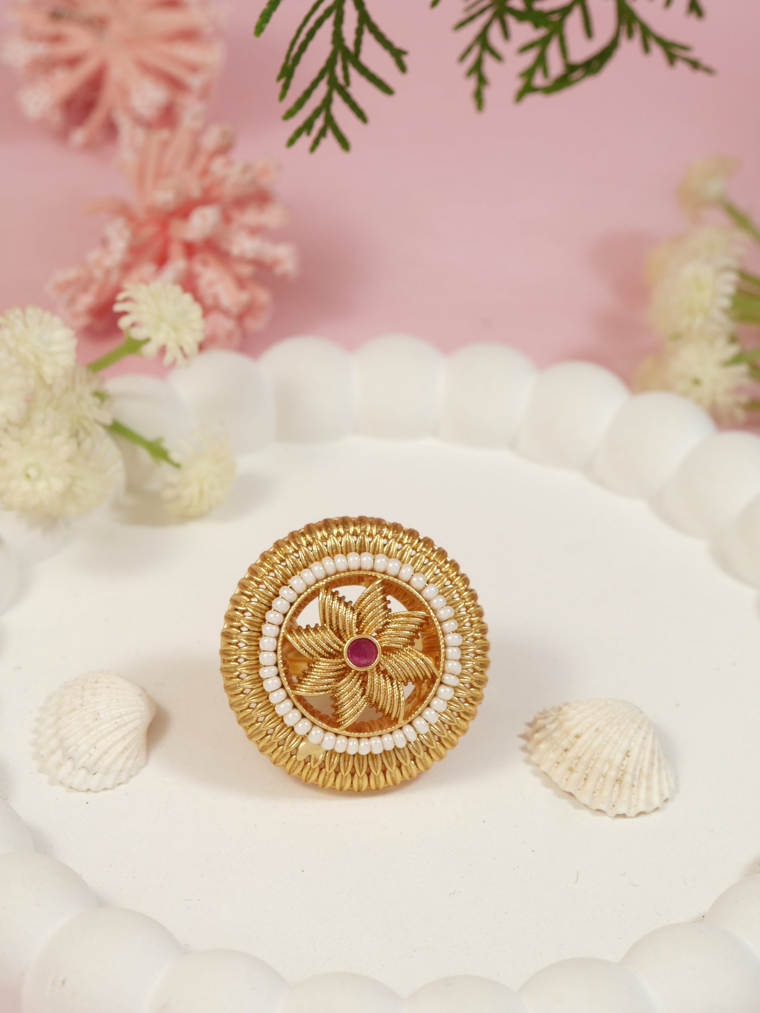 Etnico Gold Plated Traditional Floral Design Comfort Fit Finger Ring For Women (FL268)