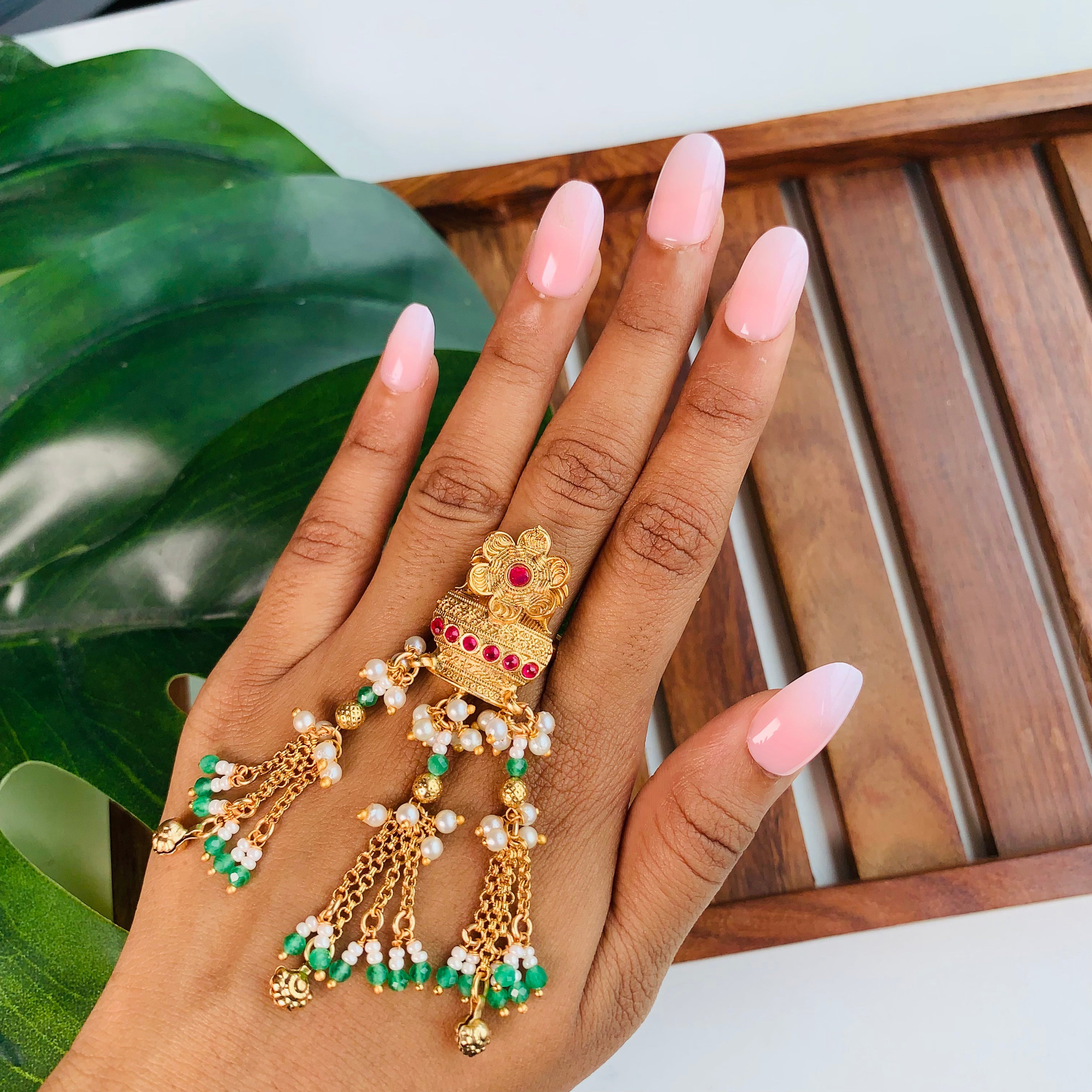 Etnico Rajwadi Plated Brass Adjustable Finger Ring with Pearl Beads & Latkan Chain for Women (Style 5)