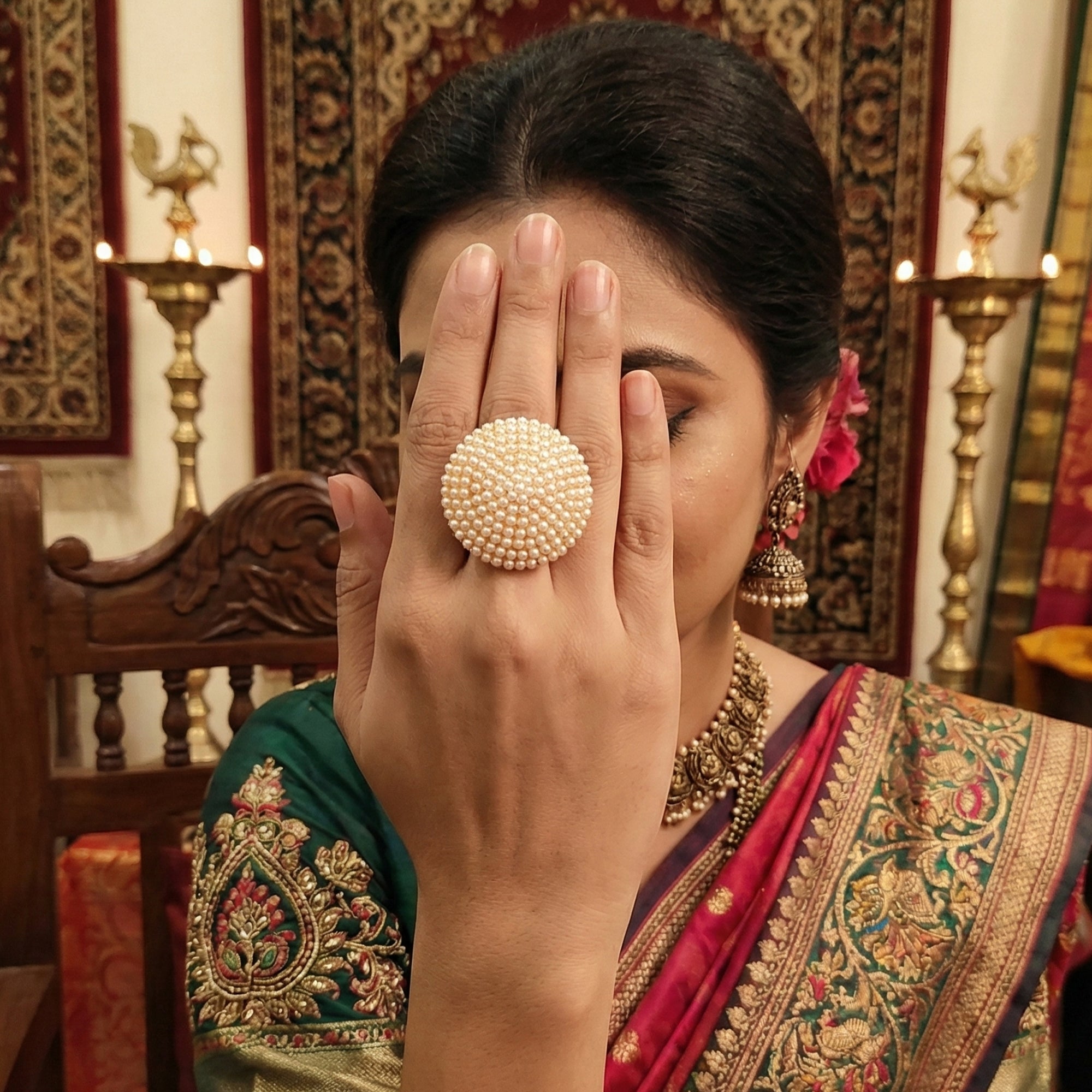 JS Fashion High Gold Classic Pearl Adjustable Ring