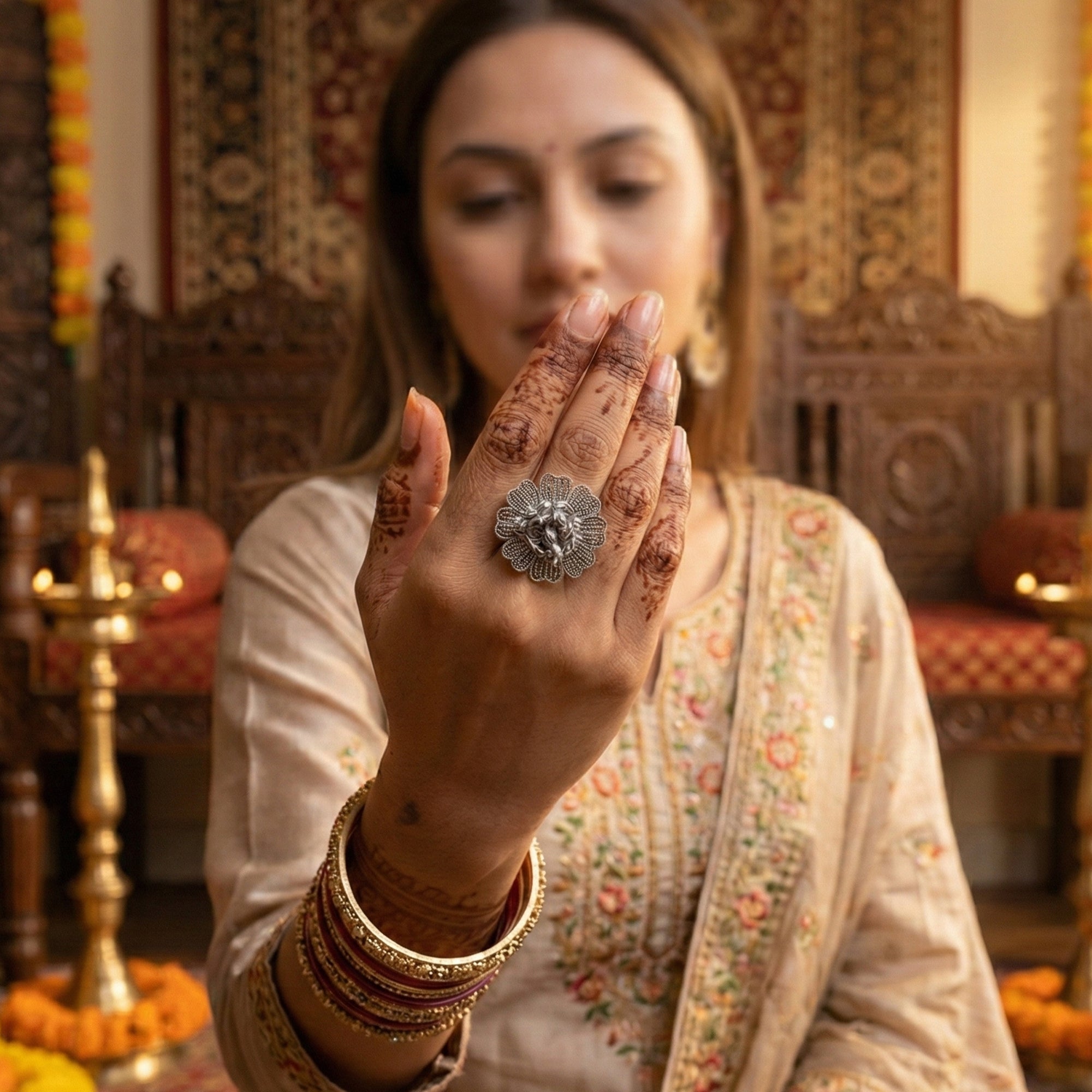 Js Fashion Vintage Style Oxidised Floral Statement Ring