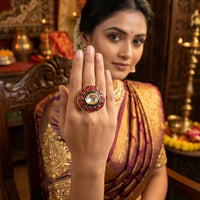 Js Fashion Heritage High Gold Kundan Stone And Meenakari Ring