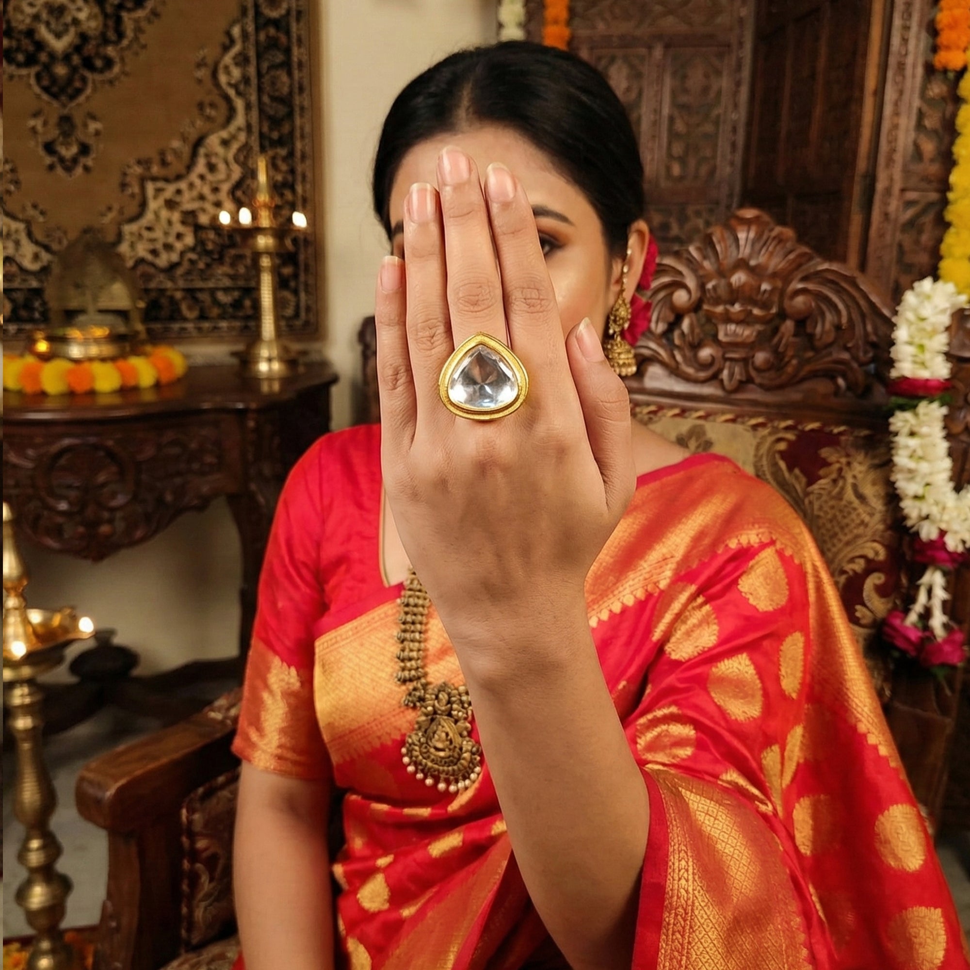 Js Fashion Heritage High Gold Kundan Stone And Meenakari Ring