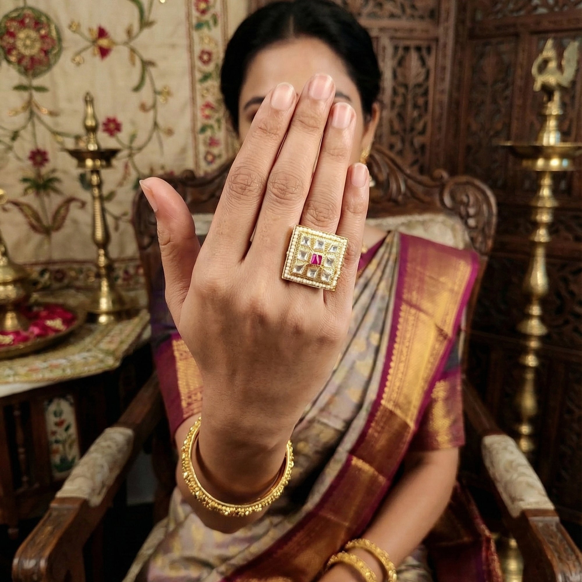 Js Fashion High Gold Royal Kundan And Pota Stone Designer Ring