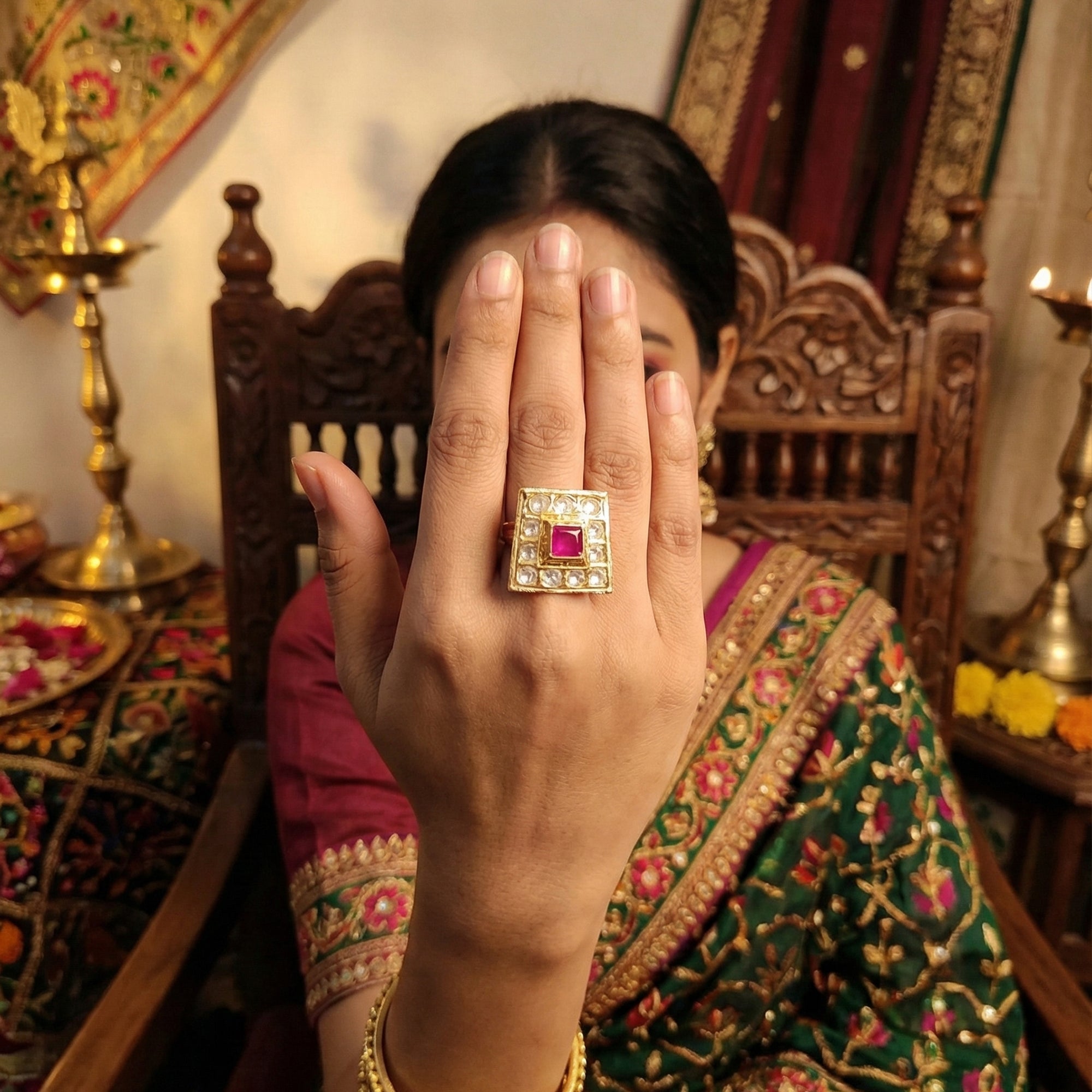 Js Fashion High Gold Royal Kundan And Pota Stone Designer Ring