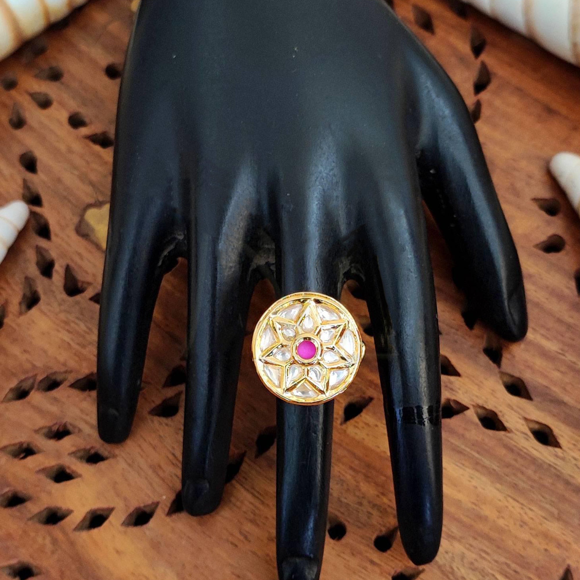 Js Fashion High Gold Royal Kundan And Pota Stone Designer Ring