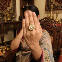 Js Fashion High Gold Royal Kundan And Pota Stone Designer Ring