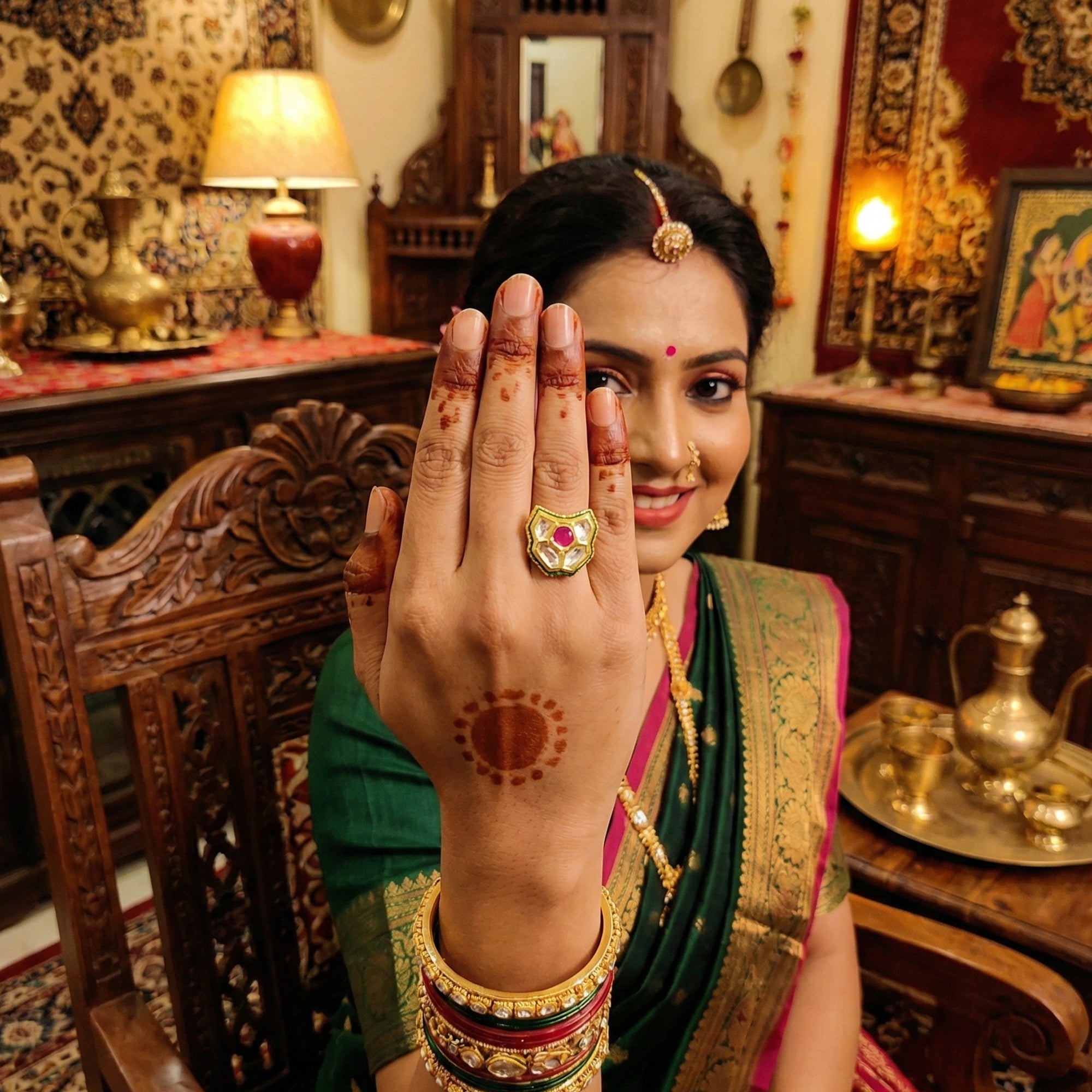 Js Fashion High Gold Royal Kundan And Pota Stone Designer Ring