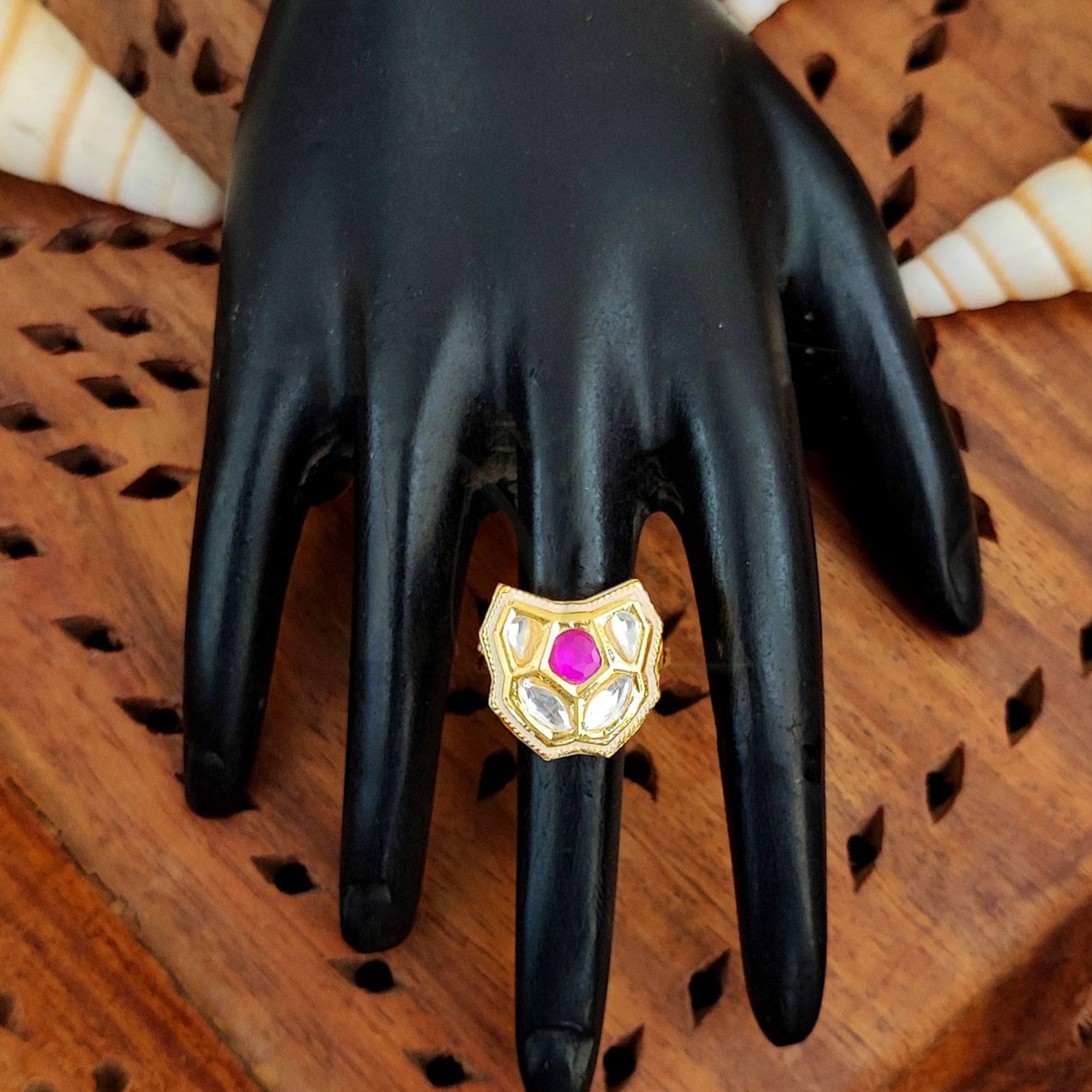 Js Fashion High Gold Royal Kundan And Pota Stone Designer Ring