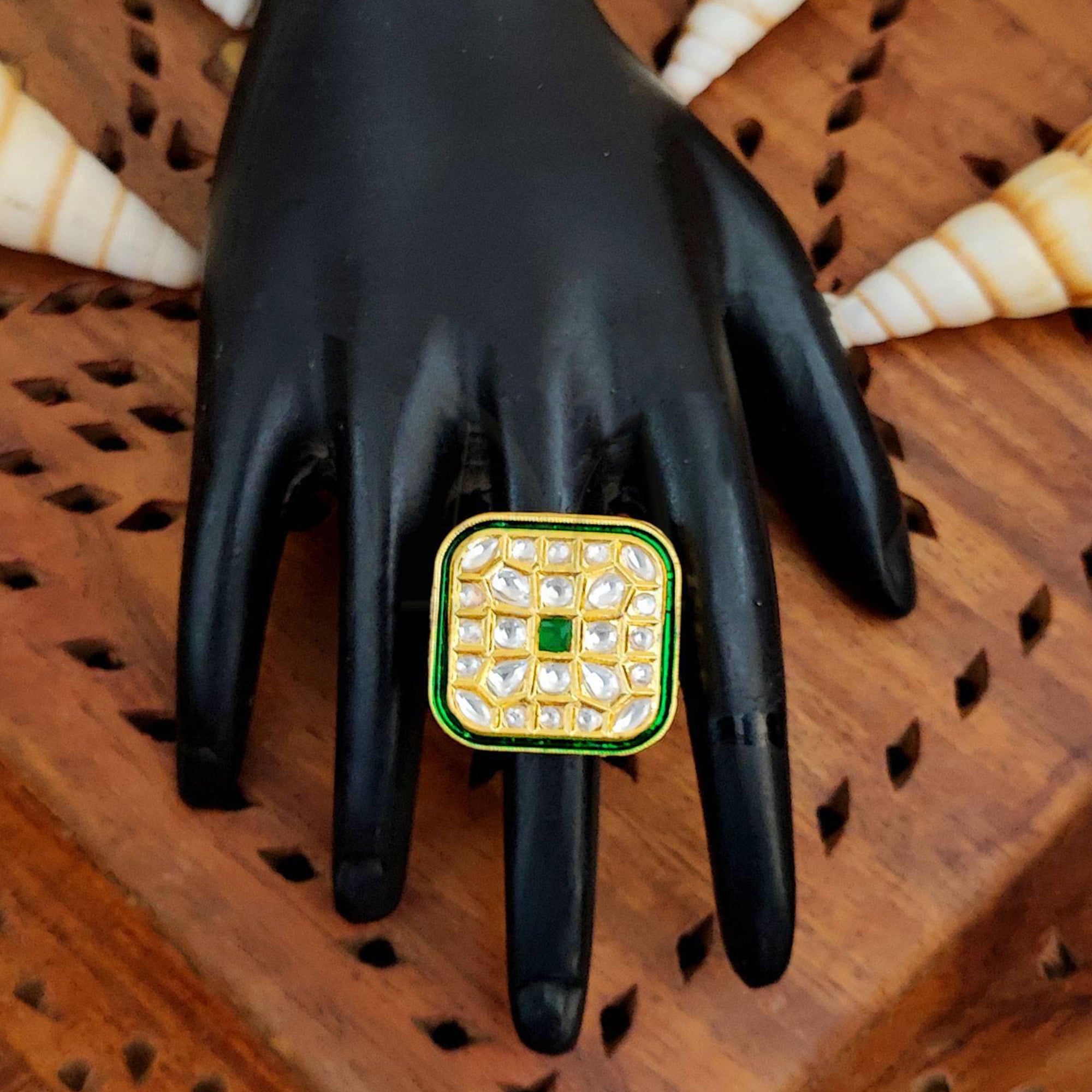 Js Fashion High Gold Royal Kundan And Pota Stone Designer Ring