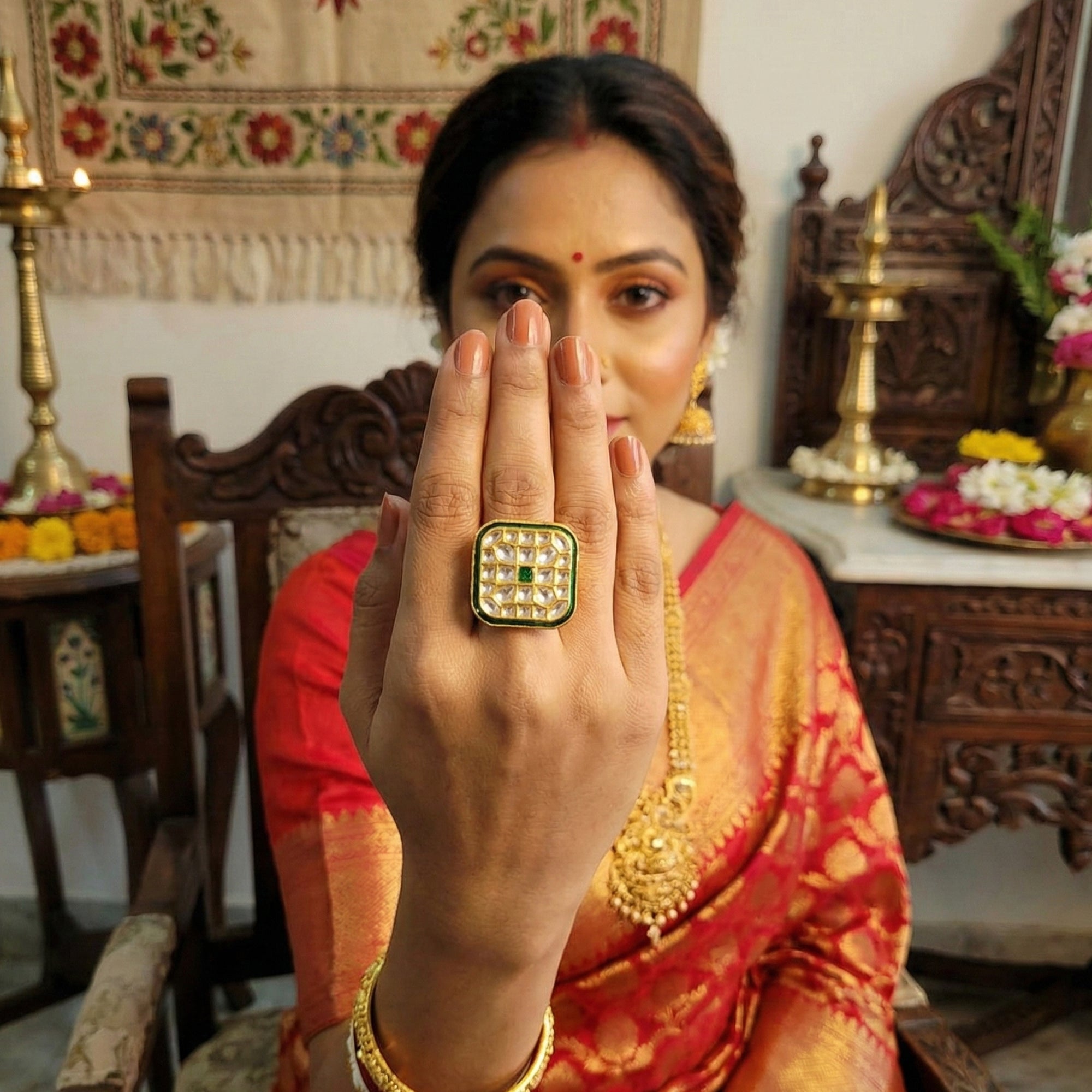 Js Fashion High Gold Royal Kundan And Pota Stone Designer Ring