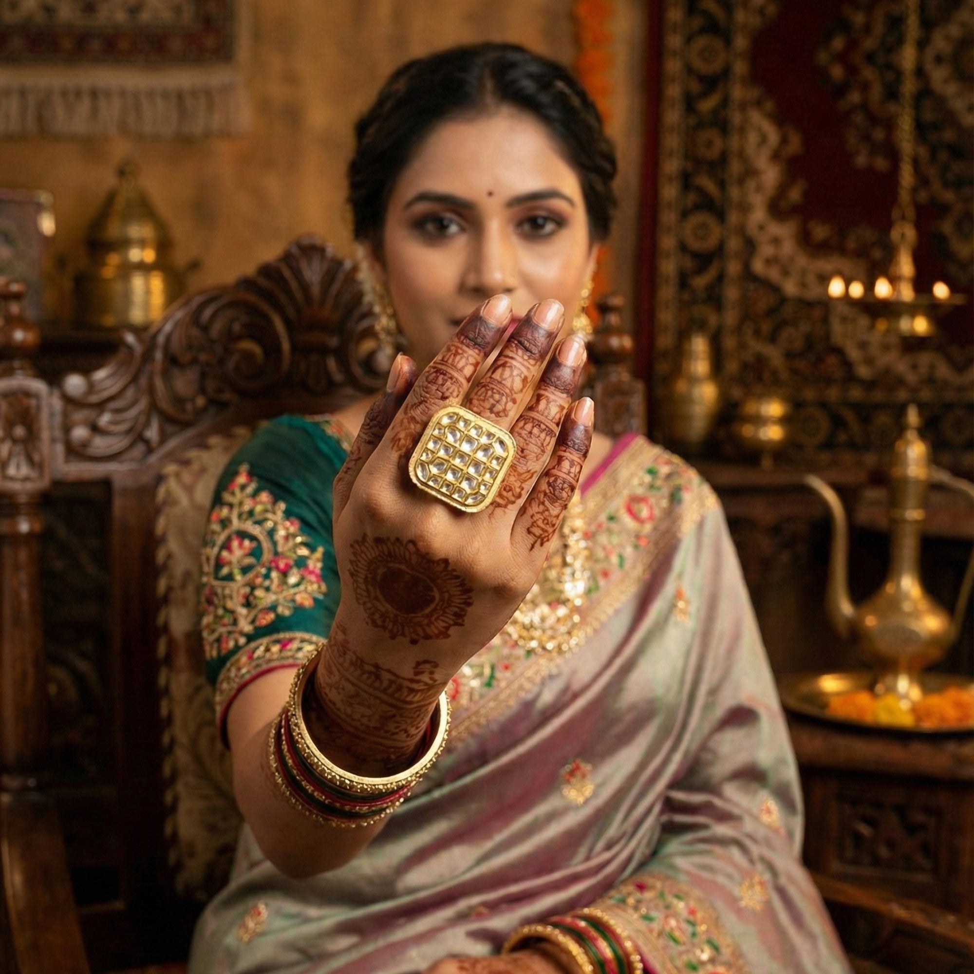 Js Fashion High Gold Royal Kundan And Pota Stone Designer Ring