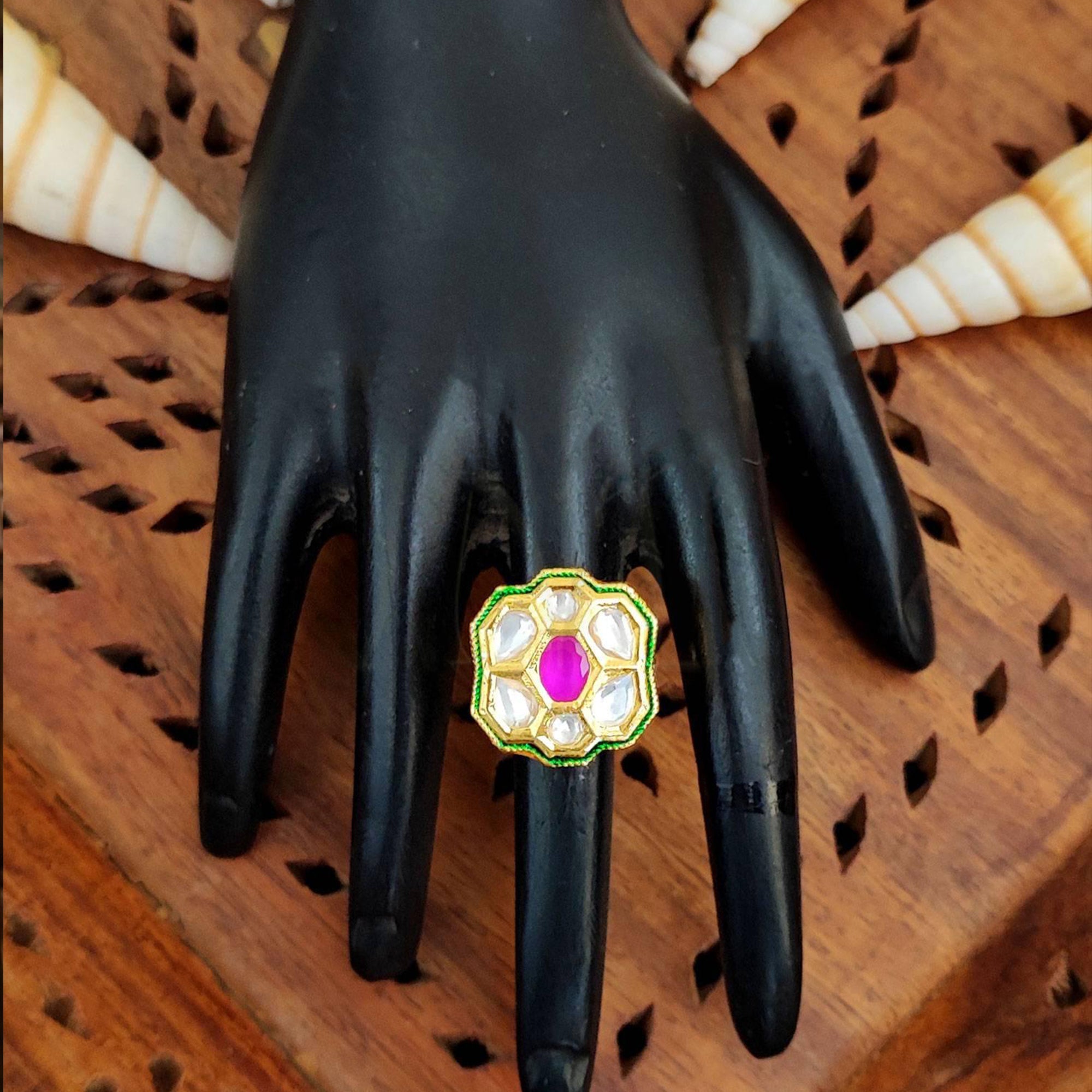 Js Fashion Heritage High Gold Kundan Stone And Meenakari Ring