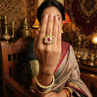 Js Fashion Heritage High Gold Kundan Stone And Meenakari Ring