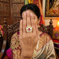 Js Fashion Heritage High Gold Kundan Stone And Meenakari Ring