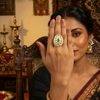 Js Fashion Heritage High Gold Kundan Stone And Meenakari Ring