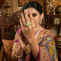 Js Fashion Heritage High Gold Kundan Stone And Meenakari Ring