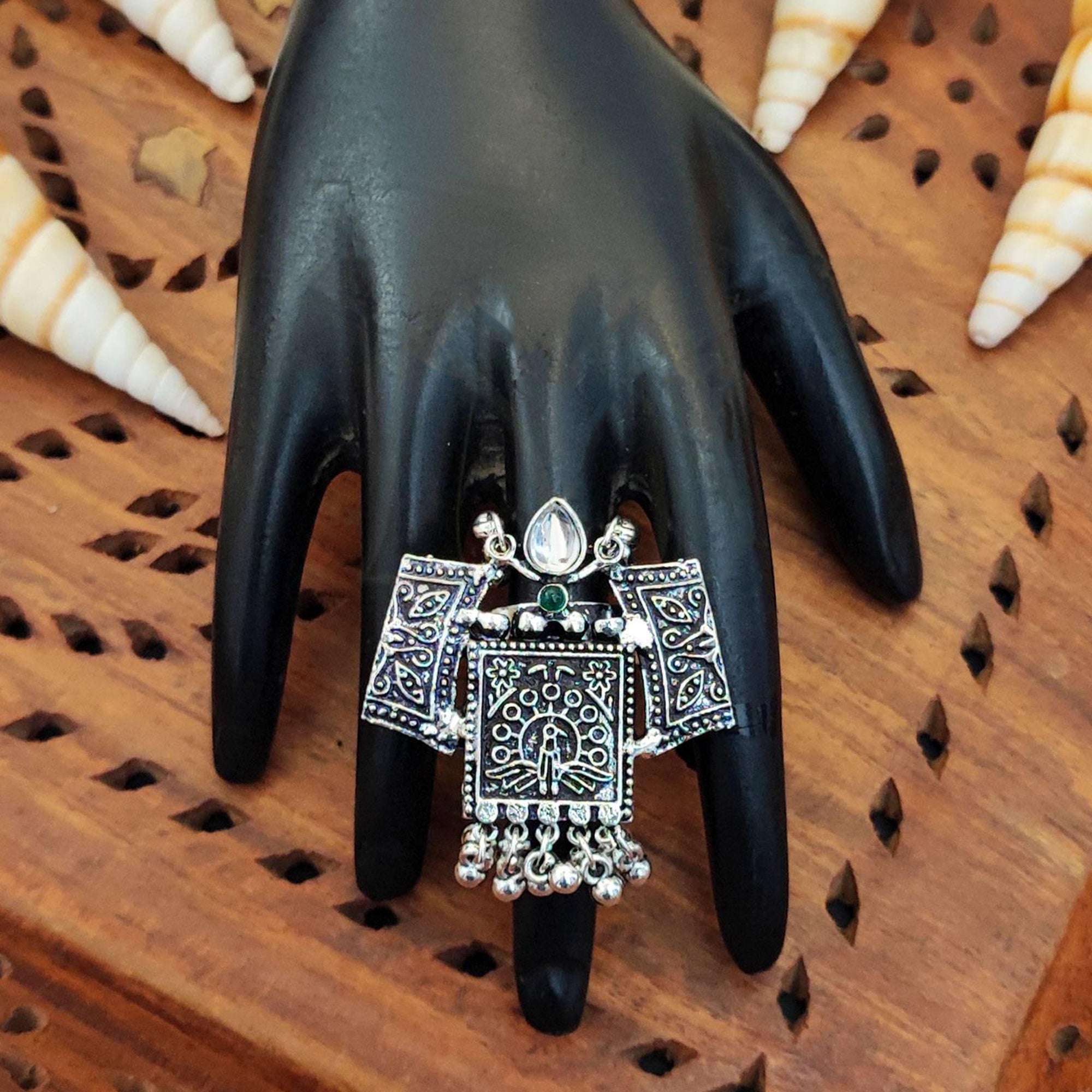 Js Fashion Vintage Look Oxidised Kundan Stone Pearl Ring