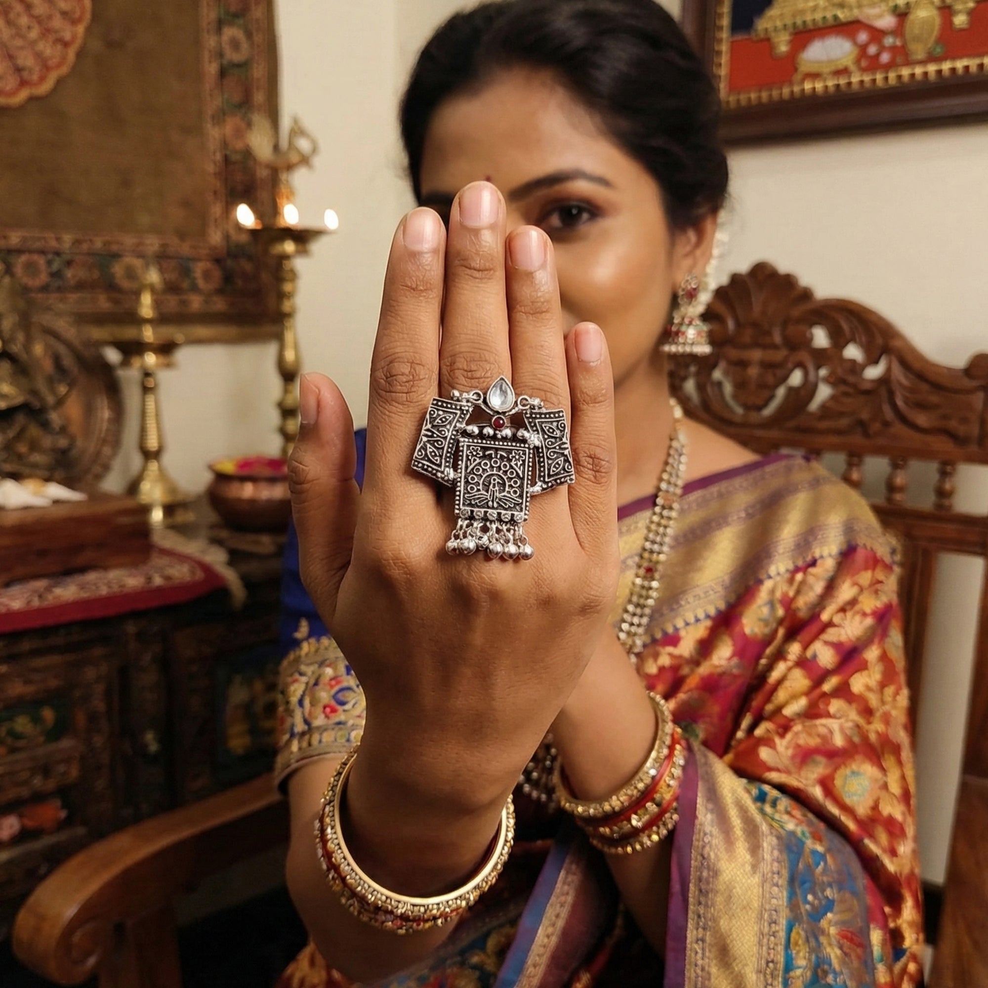 Js Fashion Vintage Look Oxidised Kundan Stone Pearl Ring