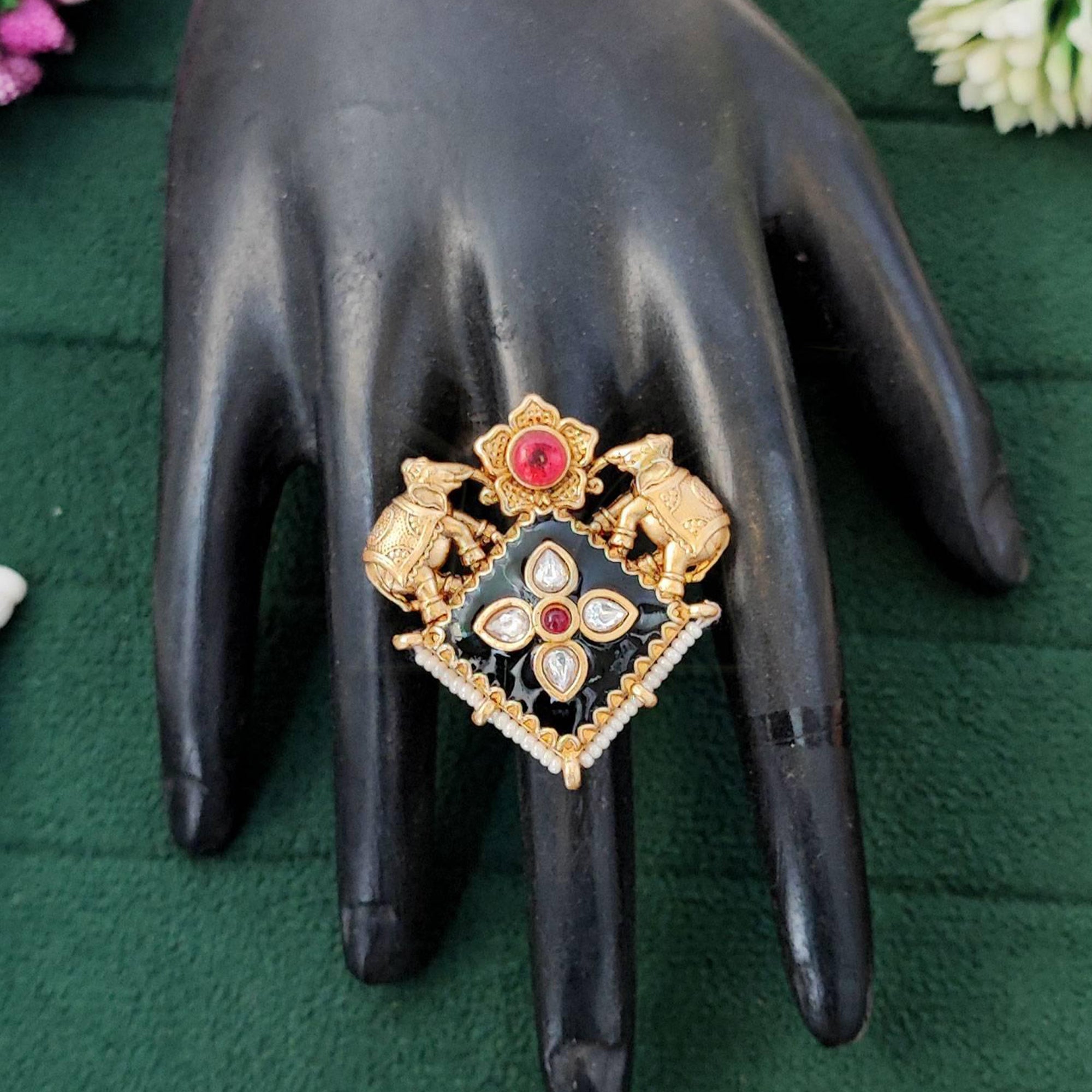 Js Fashion Heritage High Gold Kundan Stone And Pearl Ring